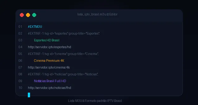 Exemplo de lista M3U para configuração de IPTV com canais brasileiros